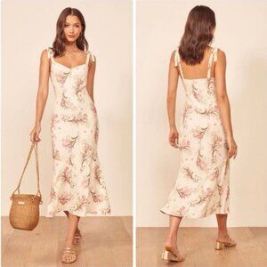 Reformation Christianna Midi Dress Floral Print Cream Pink Sleeveless Tie Small